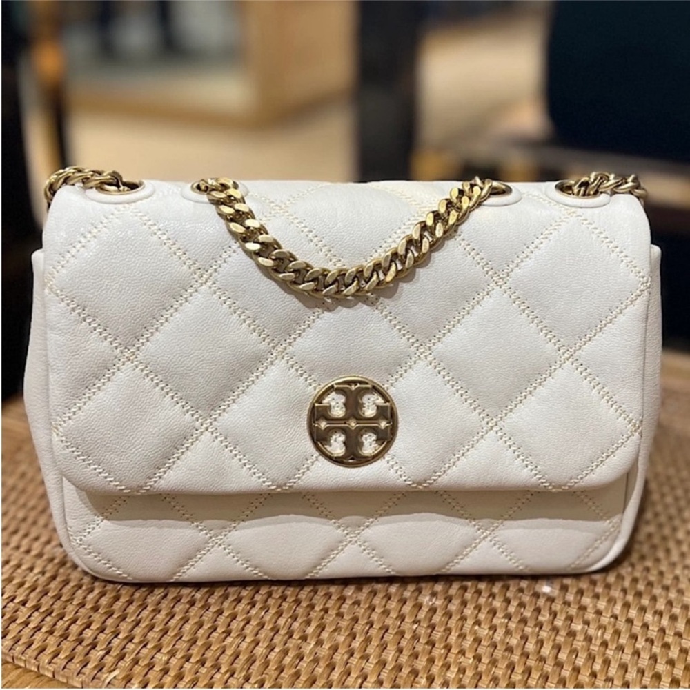 Tory Burch Quilted Leather Chain Shoulder Bag in Cream with Gold Hardware